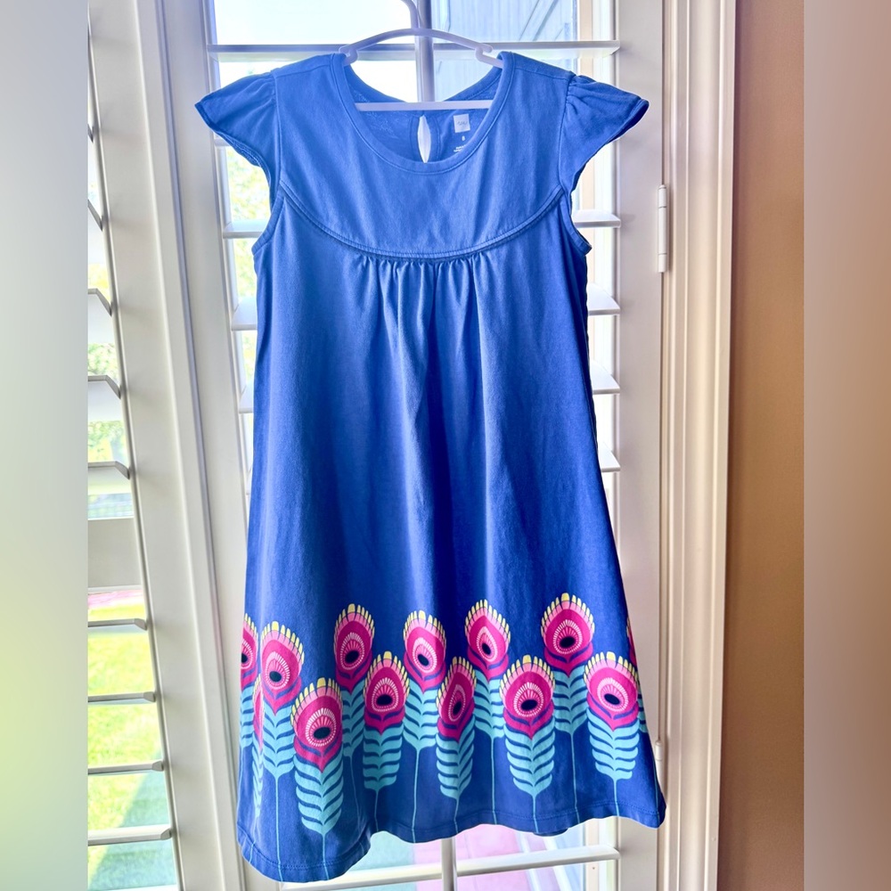Tea Collection Peacock Feather Dress Girls 8 Blue Flutter Sleeve